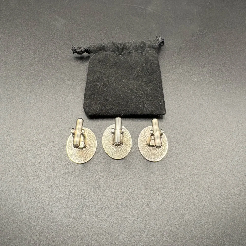 Vintage Rose Floral Etched Cufflinks Set of 3 Silver Tone Oval Engraved Prom